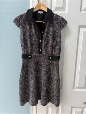 Sleeveless Tweed Mini Dress with Black Trim